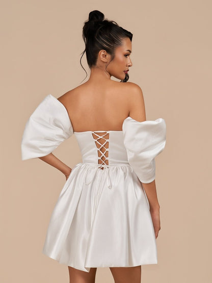 Ivory - A Line Satin Strapless Puffed Sleeves Short Homecoming Dresses