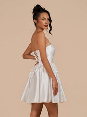 Ivory - A Line Satin Strapless Puffed Sleeves Short Homecoming Dresses