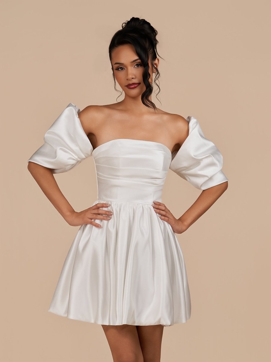 Ivory - A Line Satin Strapless Puffed Sleeves Short Homecoming Dresses