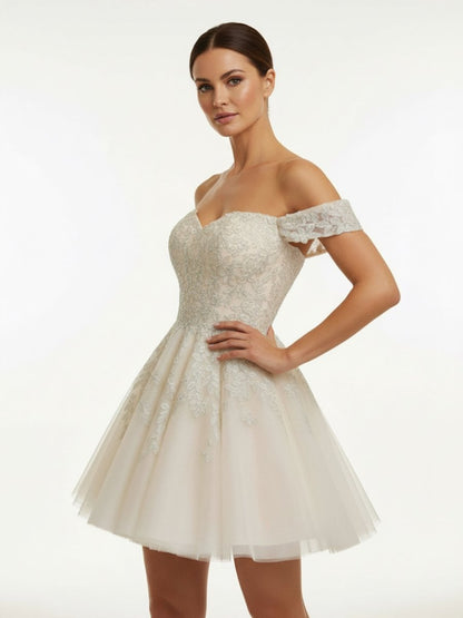 Lace White Appliques A-Line Short Wedding Dress
