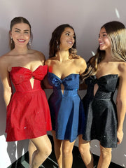 Ink Blue - Strapless A Line Beaded Cutout Homecoming Dresses With Bow
