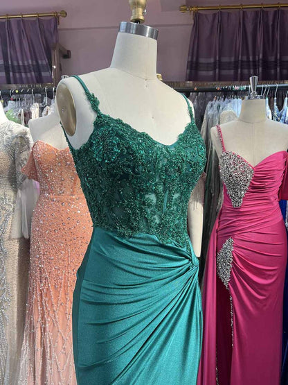 Green V Neck Beading Satin Long Slit Prom Dresses