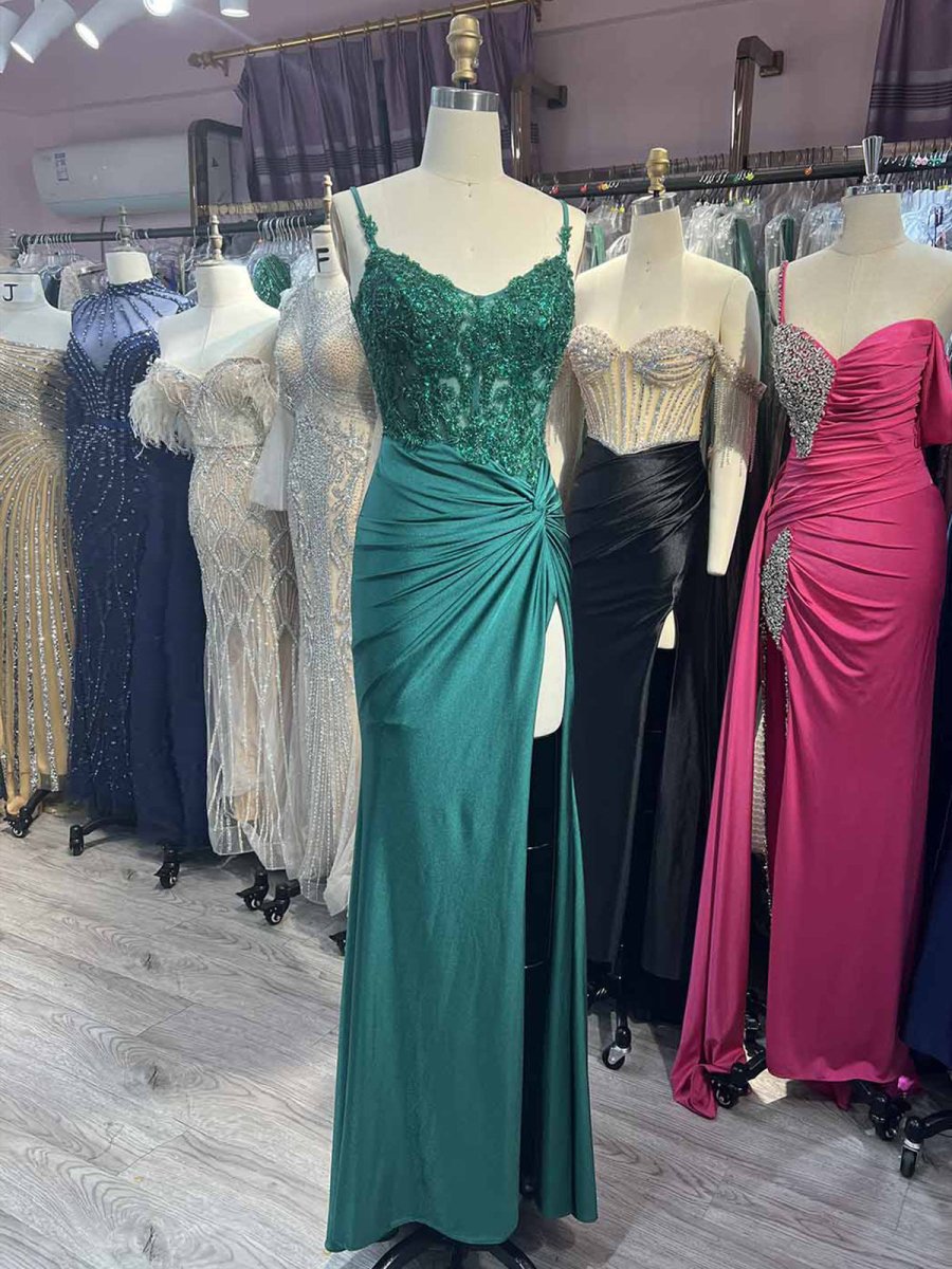 Green V Neck Beading Satin Long Slit Prom Dresses
