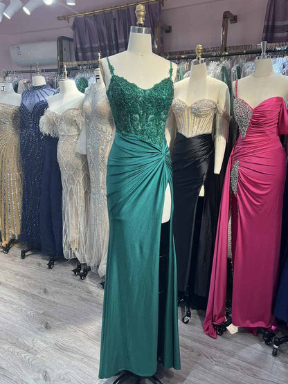 Green V Neck Beading Satin Long Slit Prom Dresses