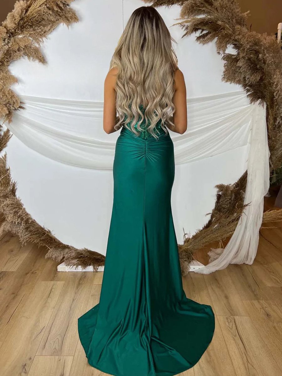 Green V Neck Beading Satin Long Slit Prom Dresses