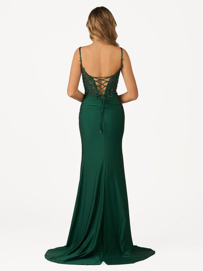 Green V Neck Beading Satin Long Slit Prom Dresses