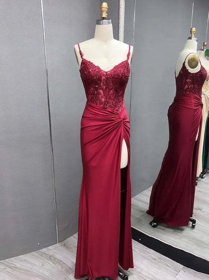 Green V Neck Beading Satin Long Slit Prom Dresses