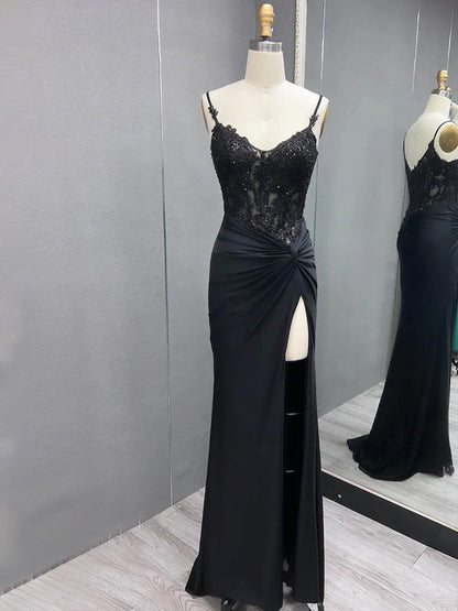 Green V Neck Beading Satin Long Slit Prom Dresses