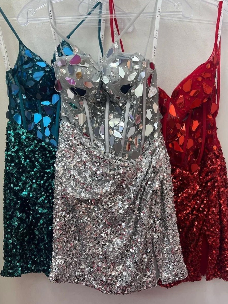 Gold Mirror-Cut Sequins Halter Sheath V Neck Mini Party Dresses