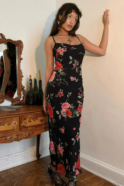 Retro Floral Cami Fitted Bodycon Maxi Dress