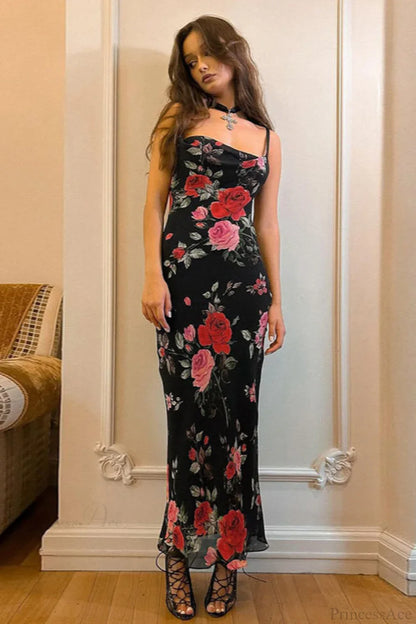 Retro Floral Cami Fitted Bodycon Maxi Dress