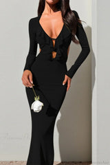 Ruffled V Neck Tie Long Sleeve Maxi Dress