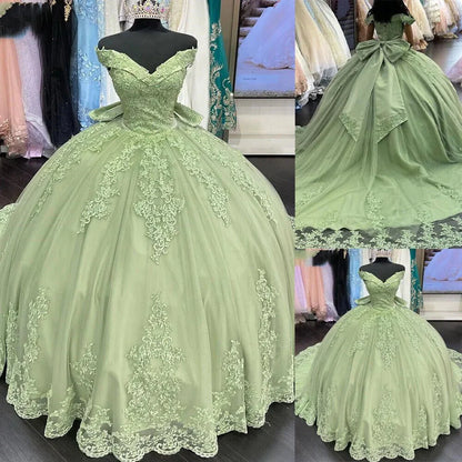 Lace Tulle Sage Applique Off Shoulder Quinceanera Dresses