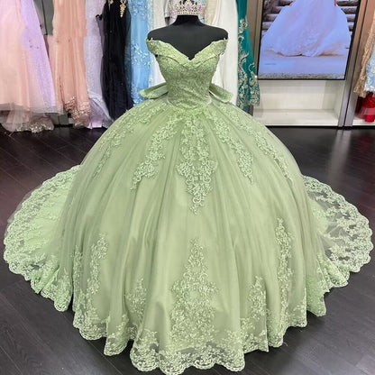 Lace Tulle Sage Applique Off Shoulder Quinceanera Dresses
