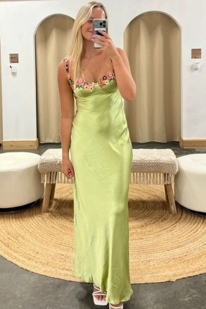 Green Spaghetti Straps Sheath Appliques Satin Prom Dress