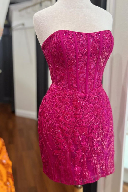 Hot Pink - Strapless Bodycon Appliqued Homecoming Dresses With Slit