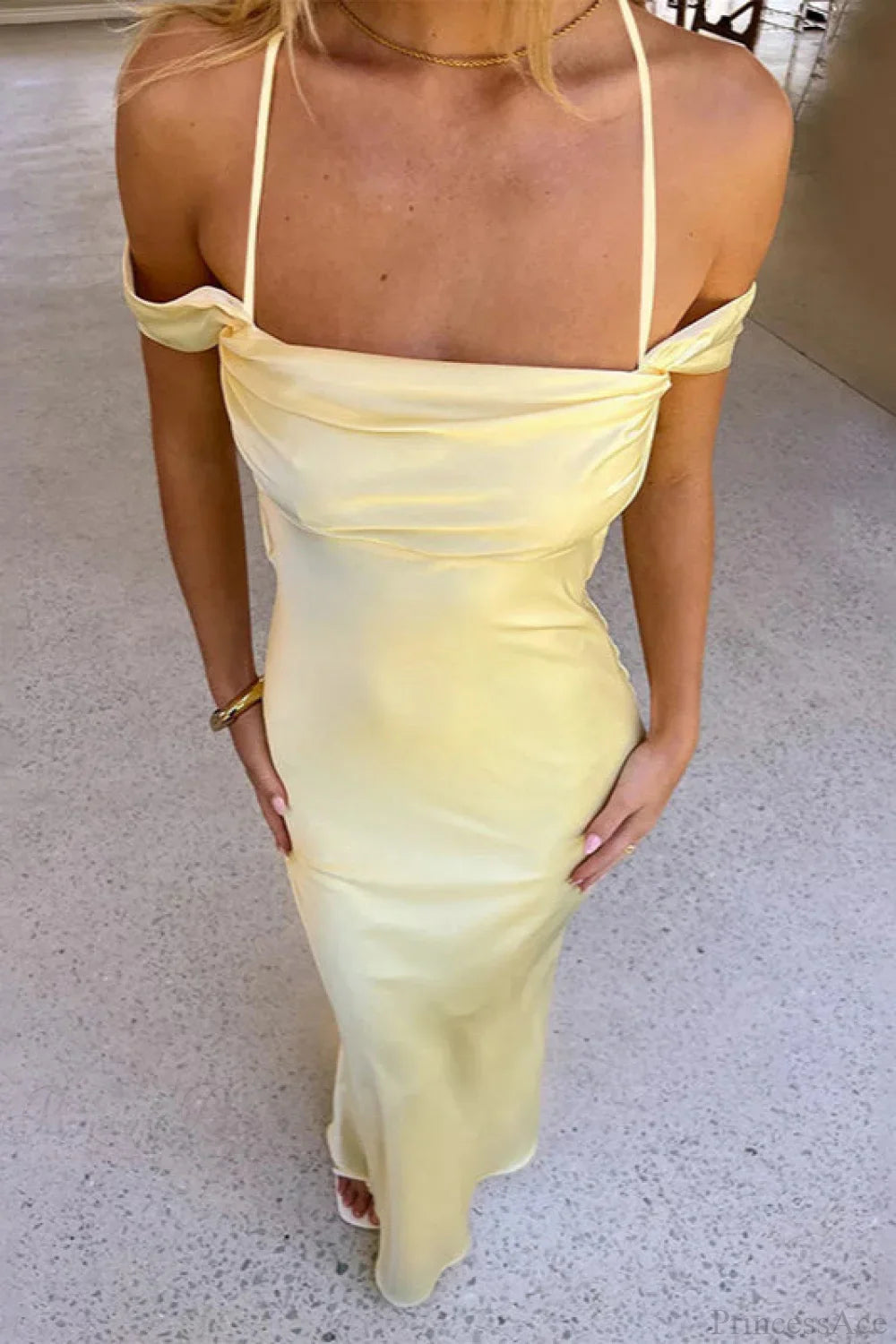 Satin Off Shoulder Backless Tie Cami Maxi Dress
