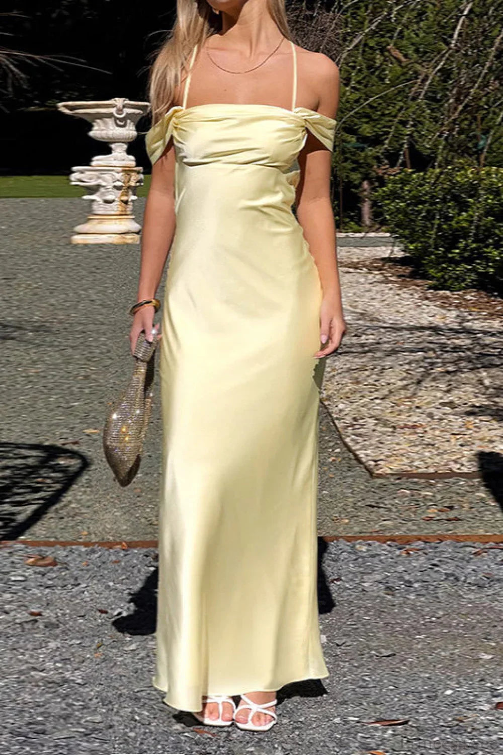 Satin Off Shoulder Backless Tie Cami Maxi Dress