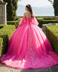 Lace Hot Pink Sequins Ball Gown Quinceañera Dress