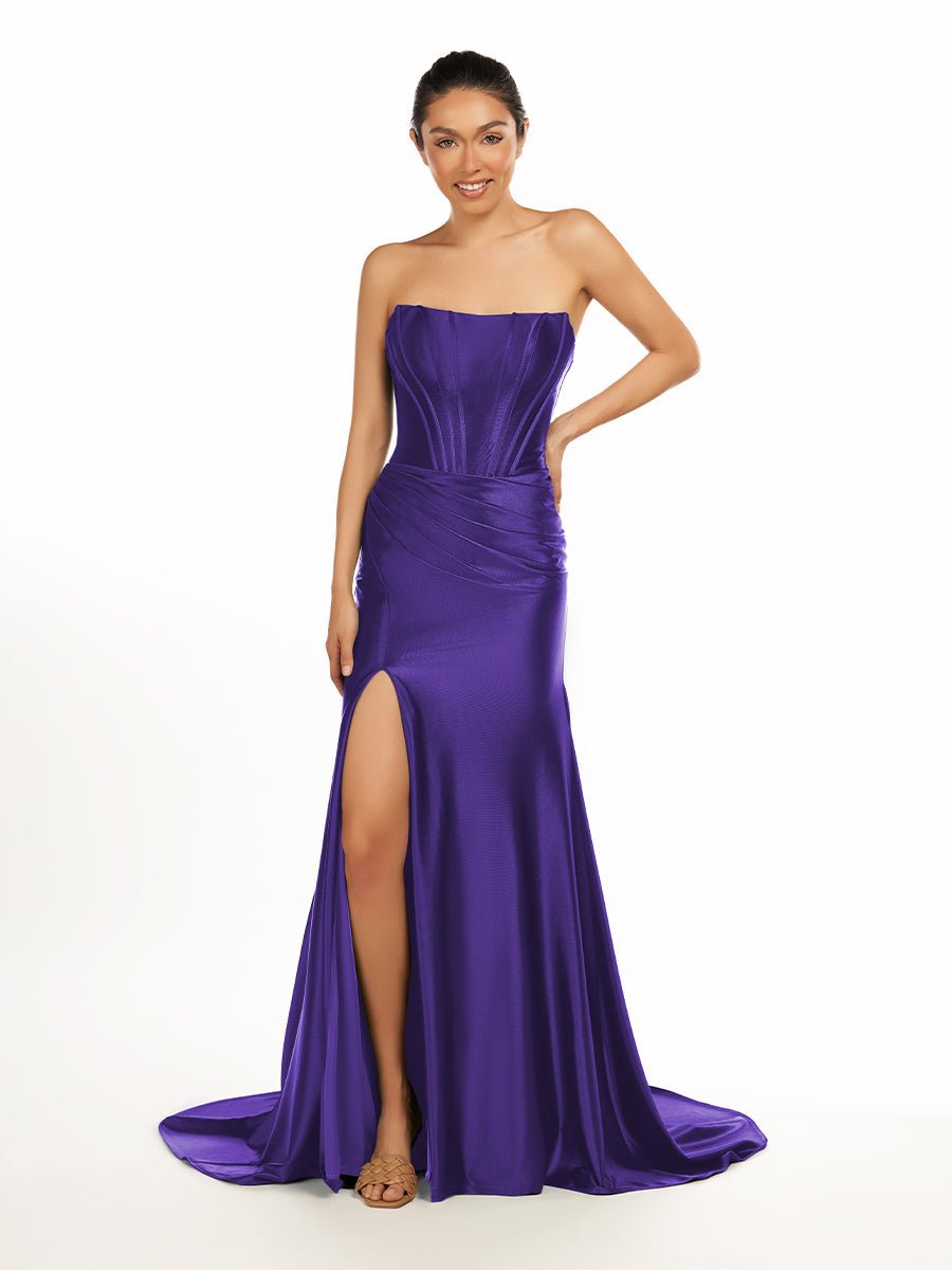 Dark Green Strapless Sheath Satin Long Prom Dress With Split