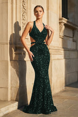 Halter Halter Sequined Sleeveless Mermaid Sparkly Long Prom Dress