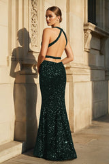 Halter Halter Sequined Sleeveless Mermaid Sparkly Long Prom Dress
