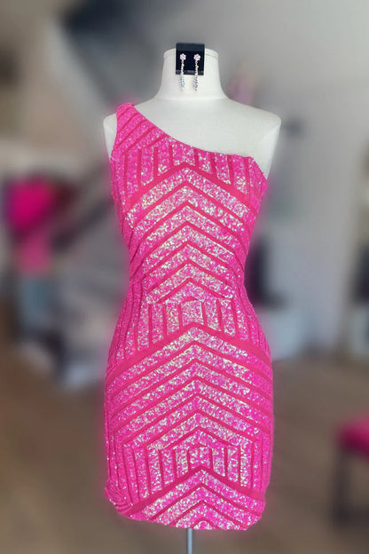 Hot Pink Sheath One Shoulder Sequins Mini Party Dresses