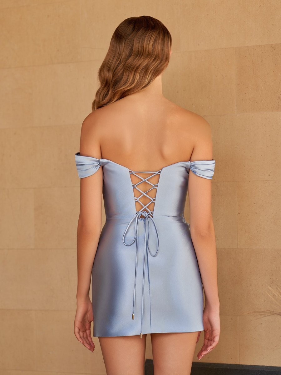 Dusty Blue - Bodycon Satin Off the Shoulder Homecoming Dresses with Beads