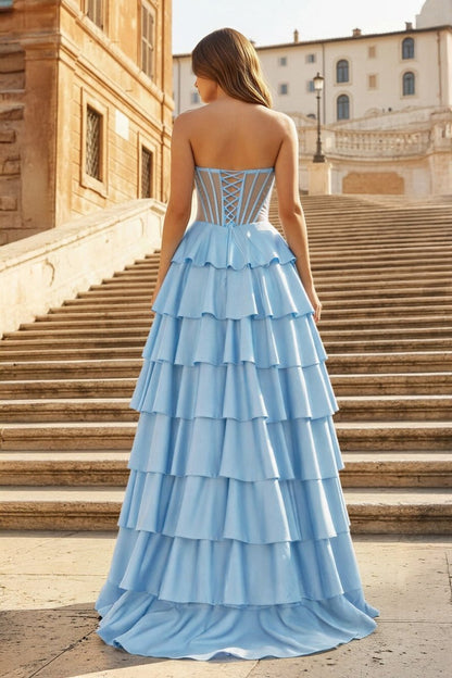 Gray Sweetheart A Line Satin Ruffled Long Prom Dresses With Slit