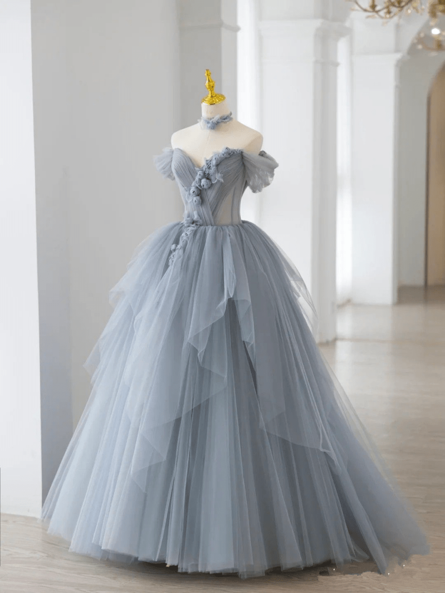 Grey Blue Ball Gown Off The Shoulder Lace-Up Back Quinceanera Dress