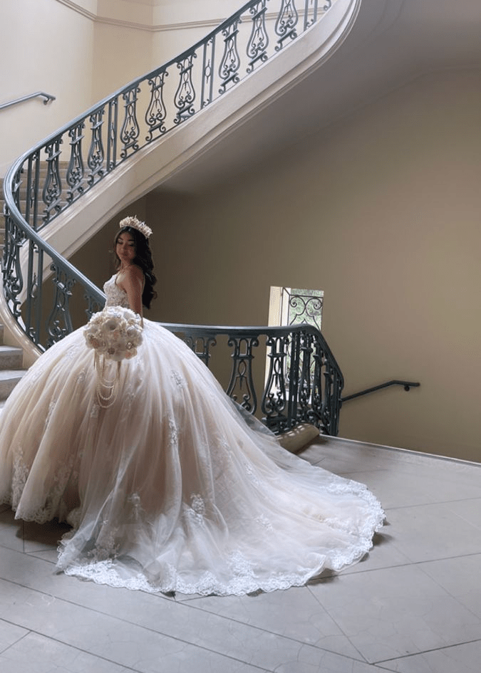 Lace Appliques Ball Gown V-Neck Quinceanera Dress