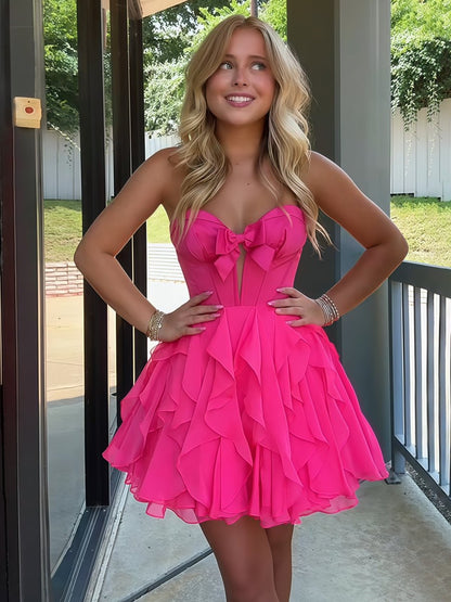 Fuchsia - Strapless A Line Chiffon Ruffled Homecoming Dress With Bow