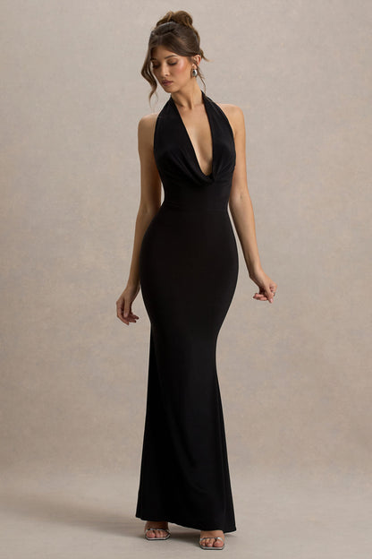 Milani | Black Backless Cowl Neck Fishtail Maxi Dress