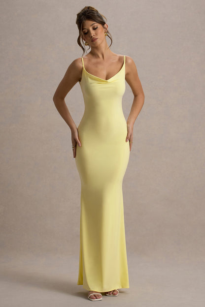 Francoise | Lemon Cowl Neck Backless Maxi Dress With Lace Insert
