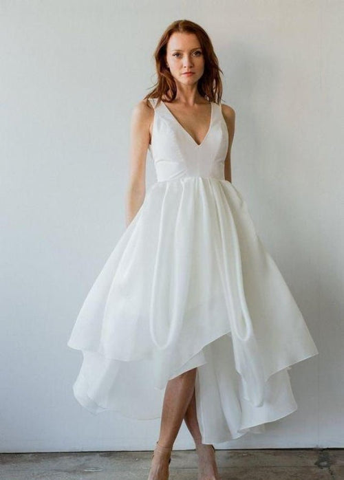 Diamond White Sleeveless V-Neck Taffeta Short Wedding Dress with Asymmetric Hem