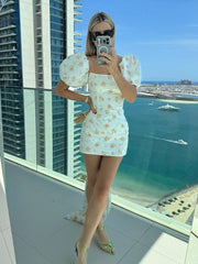 Ivory - Sheath Scoop Neck Puffed Sleeves Short Homecoming Dresses With Bow