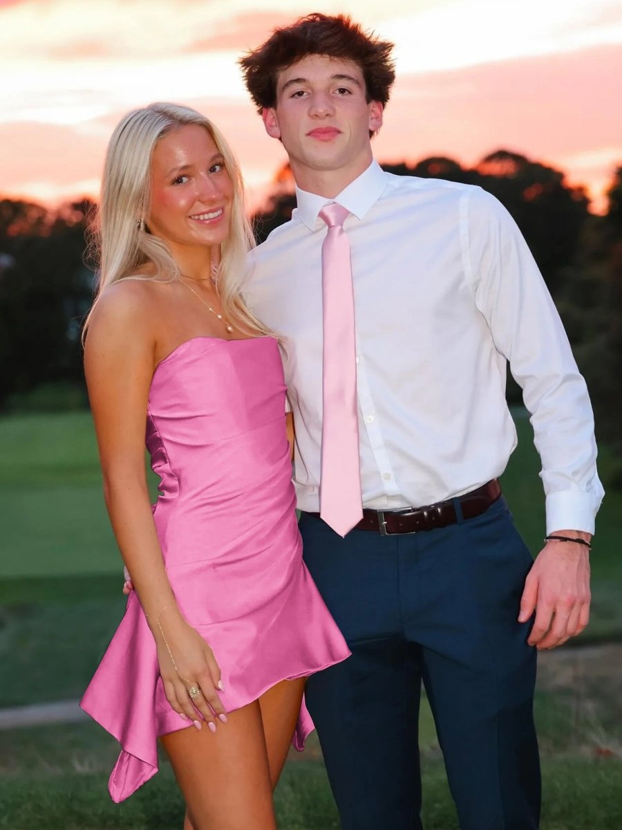 Hot Pink - Strapless Sheath Irregular Hem Satin Short Homecoming & Cocktail Dress