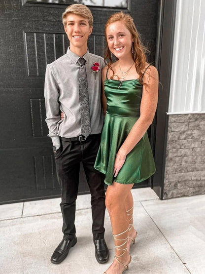 Emerald - Square Neck Satin A Line Short Homecoming Dresses