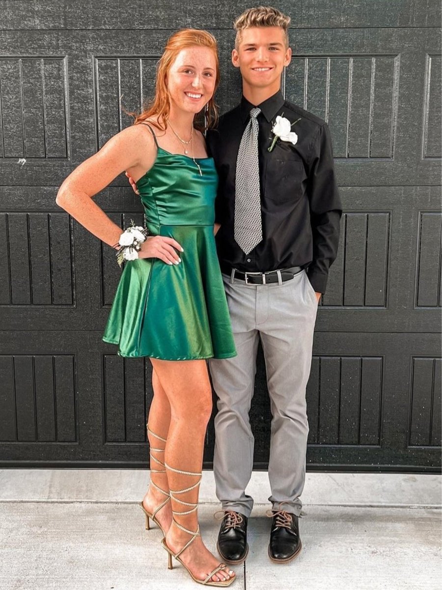 Emerald - Square Neck Satin A Line Short Homecoming Dresses